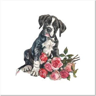 Valentine Great Dane Dog Giving Flowers Posters and Art
